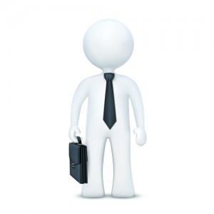 3d character with suitcase and wearing tie standing